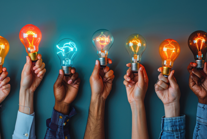 A diverse group of hands holding brightly lit lightbulbs, symbol