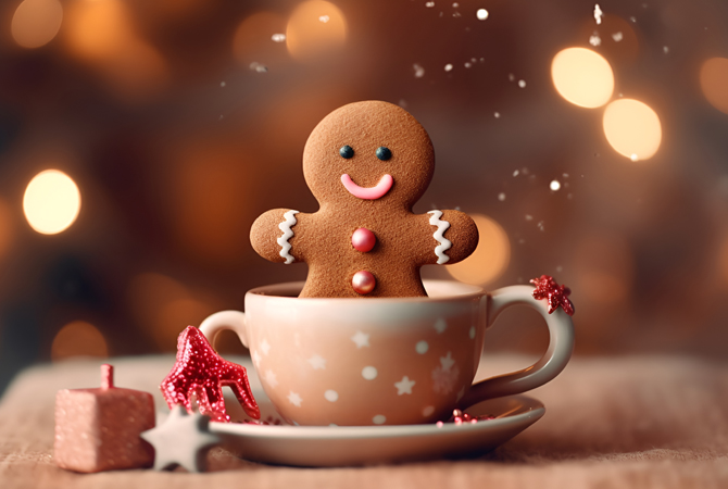 Gingerbread man in a cup of hot chocolate or cocoa. AI generated